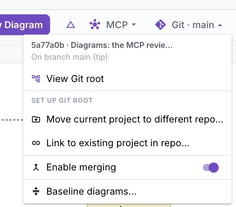 The desktop's Git menu: the current commit and branch, View Git root, then Move current project to different repo and Link to existing project in repo under Set up Git root, Enable merging switched on, and Baseline diagrams