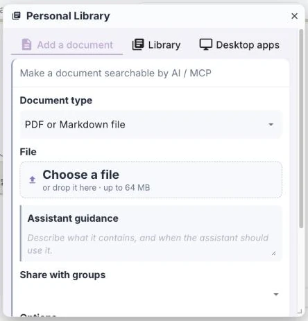 The Personal Library window on its Add a document tab: document type, the file, assistant guidance and Share with groups