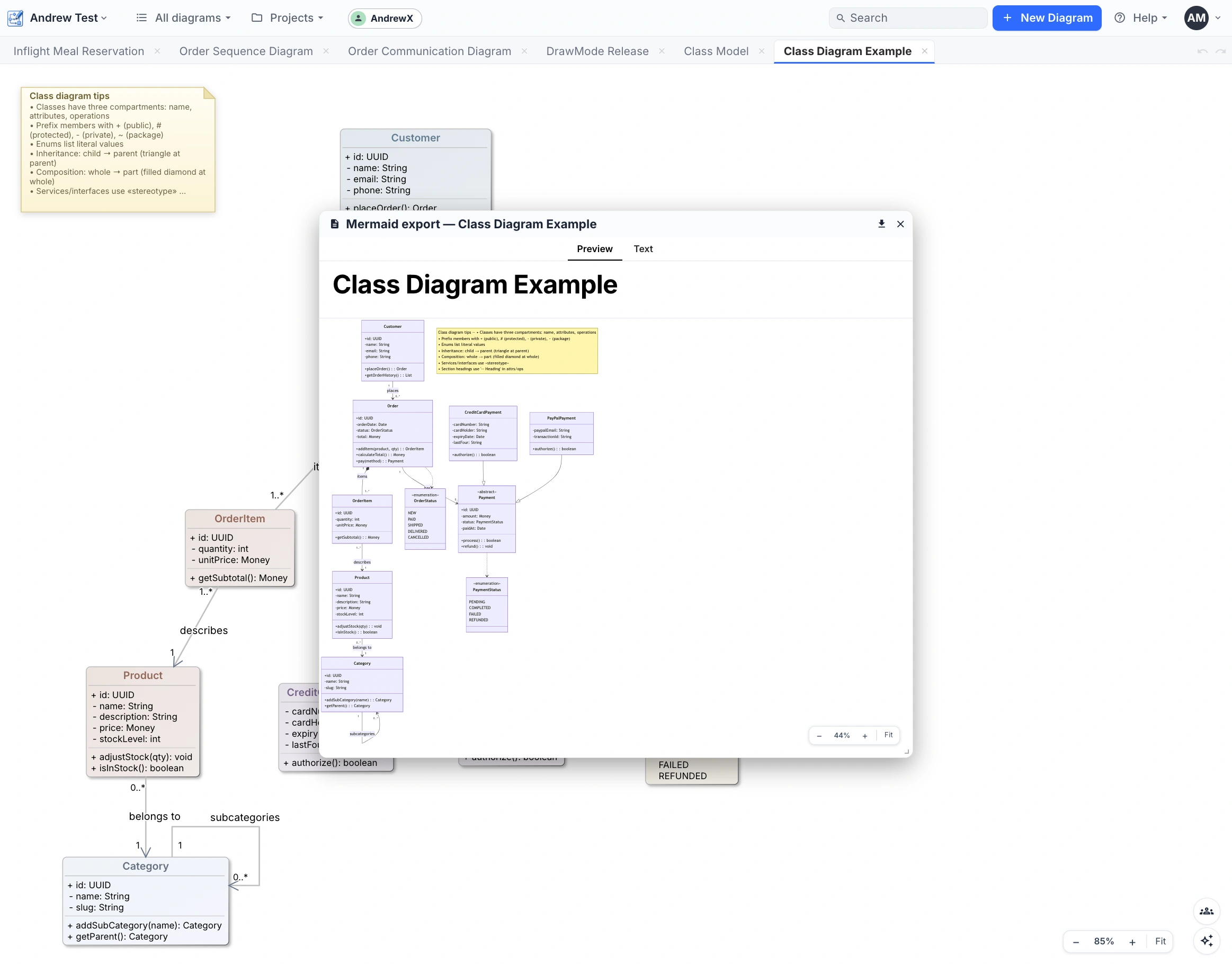 The Mermaid text import/export dialog