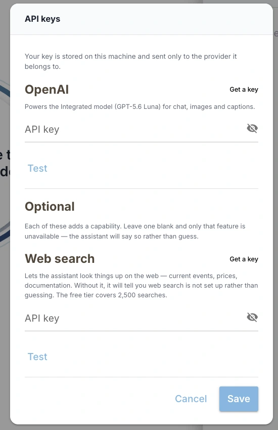 The API keys dialog — one required key; each optional one adds a capability.