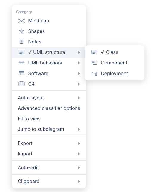 The canvas menu — every category, the current one ticked.