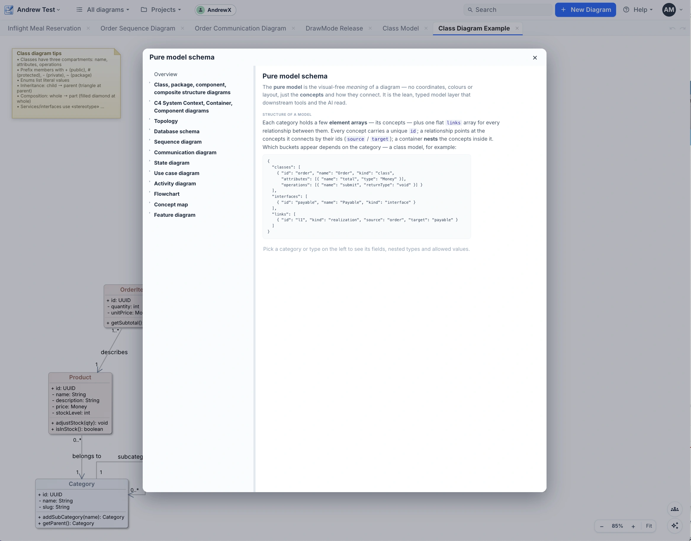 The pure-model schema viewer, opened from Help ▸ Advanced.