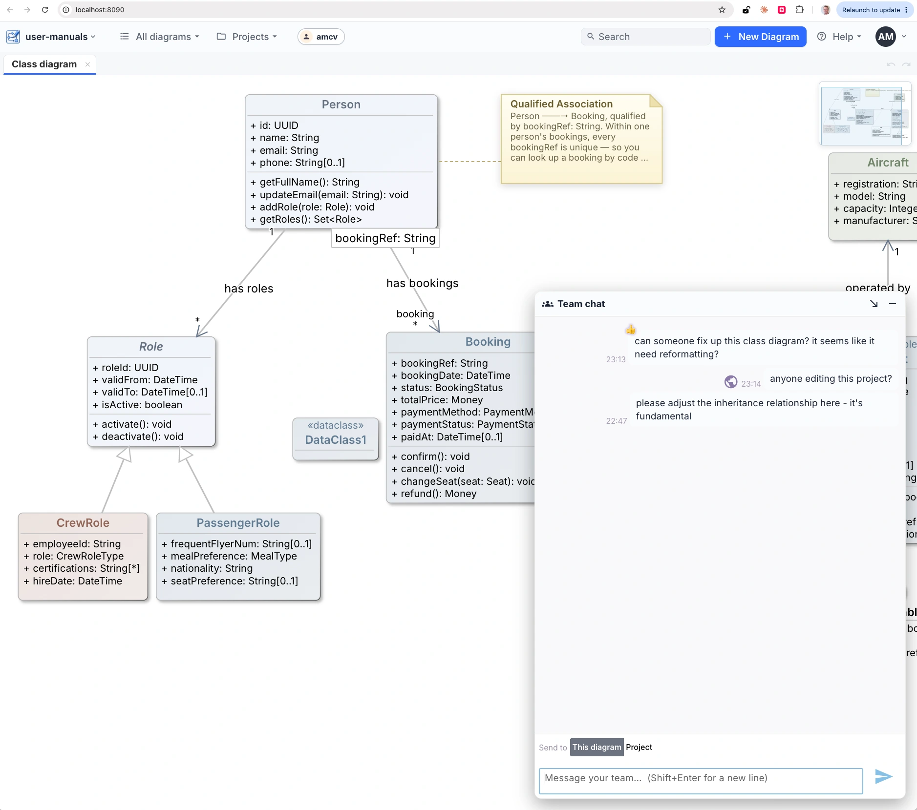 Team chat floating over the canvas — the project's running conversation, with emoji reactions.