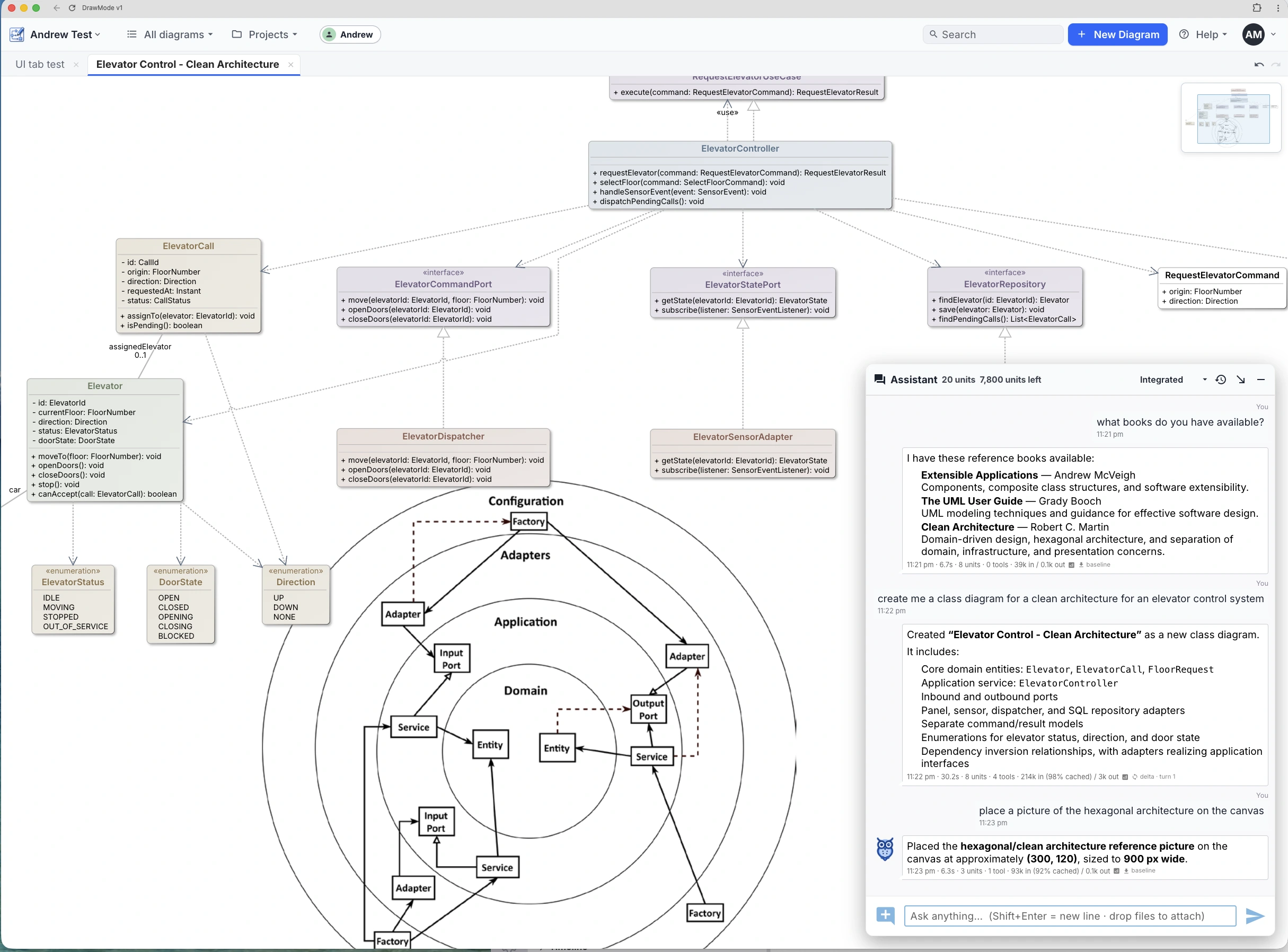 Asked what books it has, the assistant lists its vectorised references — then builds a clean-architecture elevator controller grounded in them.